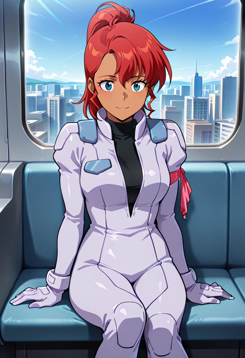 ((masterpiece, absurdres)), best quality, amazing quality, newest, 4k, anime coloring, very aesthetic, ray tracing, Smooth Quality, CG,city view,kate, 1 female, red hair, pony hairstyle, dark blue eyes, pilotsuit, gloves, turtleneck t-shirt, arm ribbon,brown skin,sitting