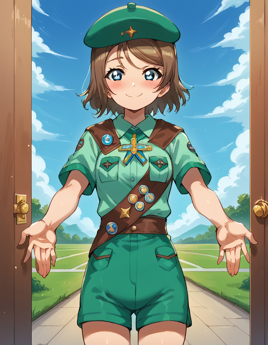 score_9, score_8_up, score_7_up, source_anime, <lora:you-watanabe-s2-ponyxl-lora-nochekaiser:1>, you watanabe, blue eyes, brown hair, short hair, swept bangs, medium breasts, <lora:girl-scout-uniform-ponyxl-lora-nochekaiser:1> girl scout uniform, badge, beret, breast pocket, girl scout, green hat, hat, short sleeves, shirt, green shirt, shoulder sash, medal, button badge, uniform, shorts, green shorts, short shorts, kneehighs,, smile, blush, looking at viewer, blue sky, clouds, entrance, doorway, <lora:incoming-gift-ponyxl-lora-nochekaiser:1>, incoming gift, outstretched arms, holding, holding box, box, cardboard box,, cowboy shot,