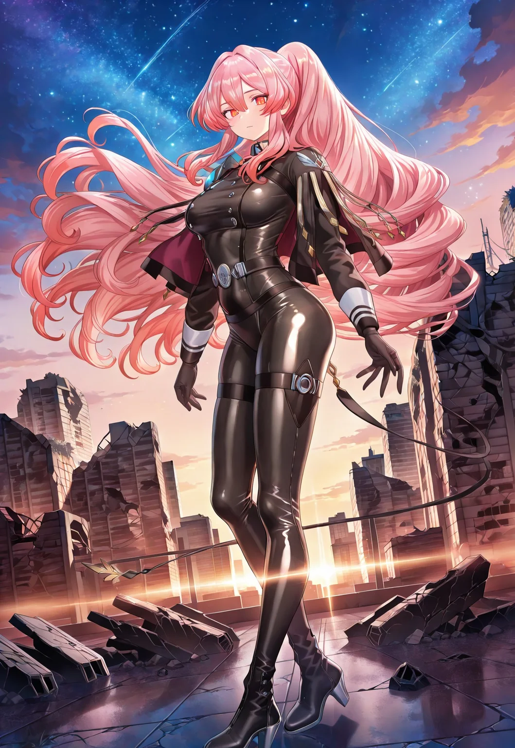 exosister martha,1girl,official art,solo,ruins,cityscape,looking at viewer,starry sky,large breasts,full body,outdoors,floating hair,standing,from side,
masterpiece,best quality,amazing quality,very aesthetic,absurdres,newest,<lora:Exosister Martha illusXL v1:0.7>,shiny clothes, bodysuit, black bodysuit, skin tight, neon trim,science fiction,