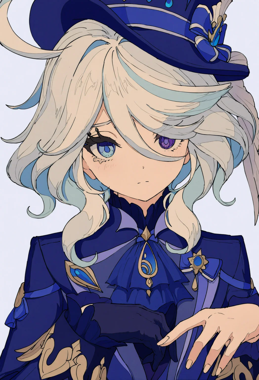 1girl, furina \(genshin impact\), genshin impact, 
ahoge, ascot, blue ascot, blue eyes, blue hair, closed mouth, drop-shaped pupils, emoji, fingernails, heterochromia, light blue hair, light blush, light frown, long sleeves, looking at viewer, multicolored hair, own hands together, pleading face emoji, purple eyes, short hair with long locks, simple background, solo, streaked hair, symbol-shaped pupils, tearing up, upper body, white background, white hair, black gloves, top hat, gloves, jacket, mismatched pupils, blue headwear, blue jacket, hat,
.
masterpiece, best quality, very aesthetic, absurdres
 <lora:ç¦è¶forNoob:0.95>