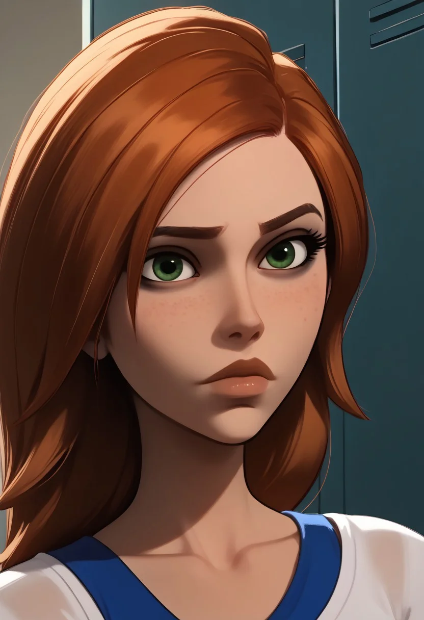 score_9, score_8, score_7, score_8_up, 1girl, bonnie and kim possible, (1petite, Kim Possible), Expressiveh, redhead, small neck, solo, freckles, (long hair, green eyes), smooth hair, medium hair, long eyelashes, collarbone, side view, jewelry, piercings, close up view, (((looking at viewer))), close up view, in a school, light blue lockers, cheerleader top, jawline, collarbone, slightly angled view, detailed skin, high quality, (long eyelashes, dark makeup),