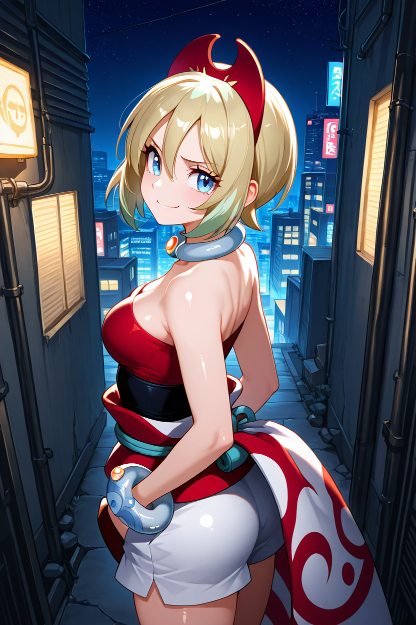 masterpiece, best quality, 1girl, solo, 21 year old model, eyelashes, (beautiful eyes),     ,,,zzIrida, blonde hair, blue eyes, short hair, bangs, hair between eyes, red hairband, bracelet, neck ring, red shirt, sash, solo, strapless shirt, white shorts, waist cape, <lora:IridaPokemonIXL:1.0>, ,,, stars, night, luminescent background, city, back alley, smug, hands in pockets, smile, looking at viewer, shiny skin, <lora:princess_xl_v2:0.3>,