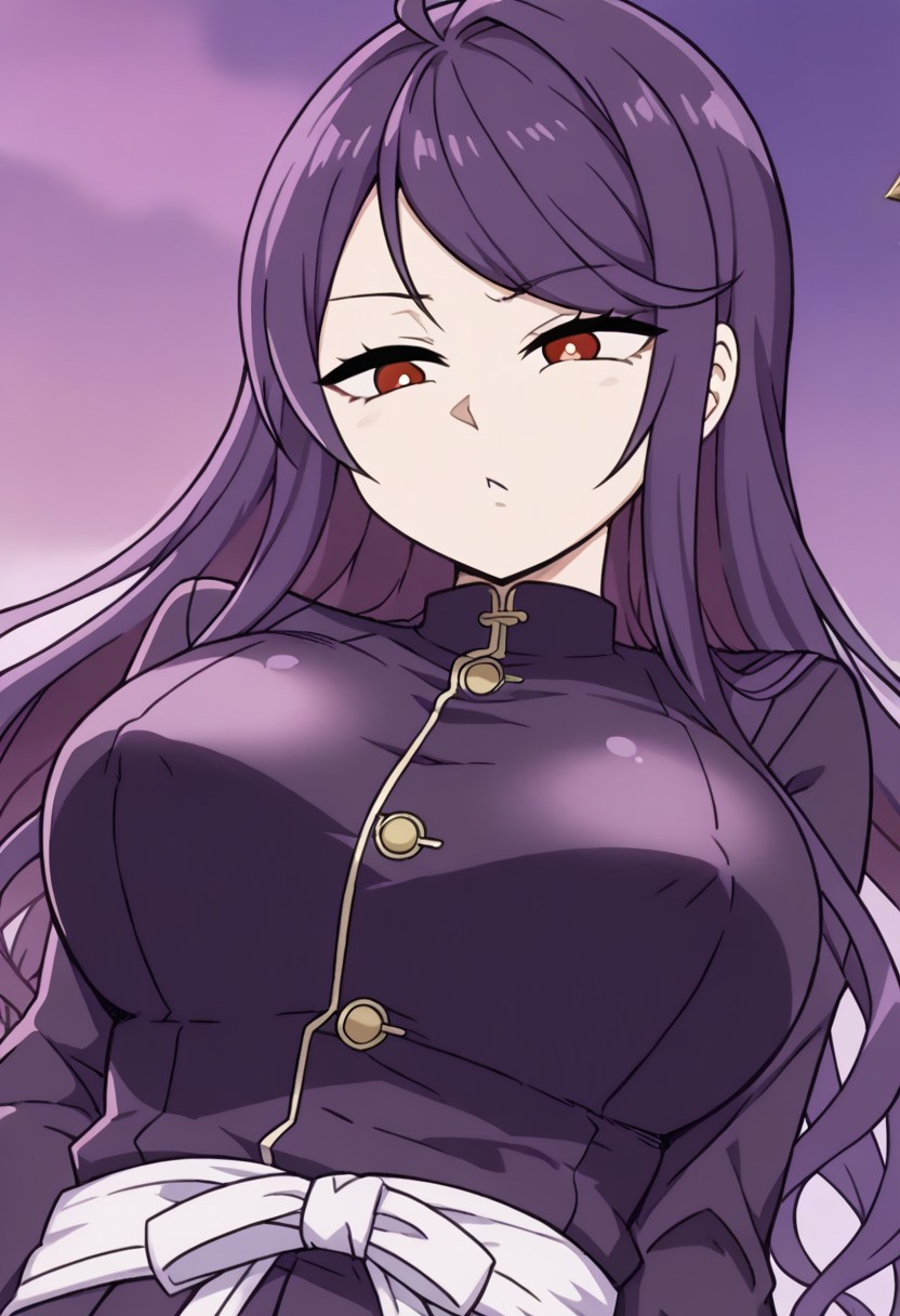 1girl, gundou mirei, red eyes, long hair, virtual youtuber, swept bangs, purple hair, parted bangs, <lora:pony_char_gundou_mirei-000030:1>  ,,,,,, anime coloring, anime screencap, 1girl,Solo ,, anime,PUFFY nipple,,,official art, Uncensored ,Unedited ,,,, , ,,,large breasts