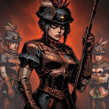 masterpiece, best quality, newest, absurdres, highres, TTCSV1.0, vintage anime, 90s anime, solo, solo focus,
DDstyle, official style, black eyes, shaded eyes,
1girl, DDMusV1.0, hat, rifle, holding weapon, hat, feather, tricorne, gloves, leather, leather armor,