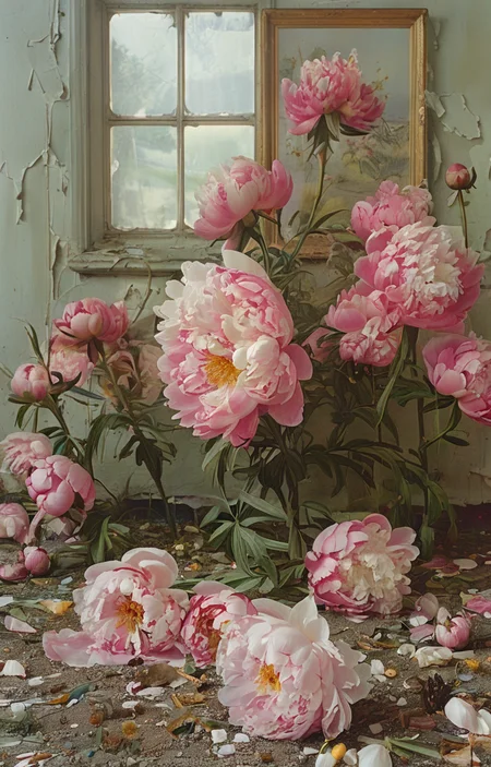 masterpiece,best quality,<lora:tbh157-sdxl:1>,illustration,style of Larry Sultan, decaying peonies