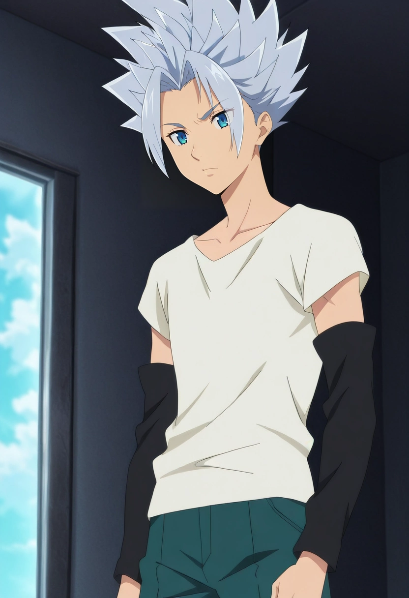 masterpiece, best quality, anime screencap, official style, anime coloring, cowboy shot, 1boy, solo, male focus, <lora:arden_nnt_ilxl:1>, arden_nnt, grey hair, blue eyes, short hair, spiked hair, , , ,