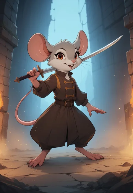 score_9, score_8_up, score_7_up, score_6_up, score_5_up, score_4_up, solo, (fluffy:0.8), (feral), furry, (((mouse))), claws, (fluffy cheeks:0.7), (solo:2), j_cartoon, cute, colorful period clothing, look at viewer, standing, action pose, holding sword, dungeon background,