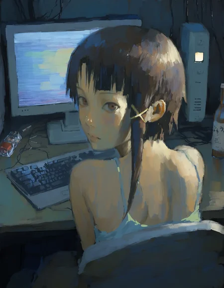 iwakura lain,  drugs, alcohol, sitting, looking at viewer, upper body,  trash, dark room,  cable, monitor, computer, back turned, 
masterpiece, painterly, traditional media, realistic,  (dark:1.3), dim lighting,  <lora:why:1>
