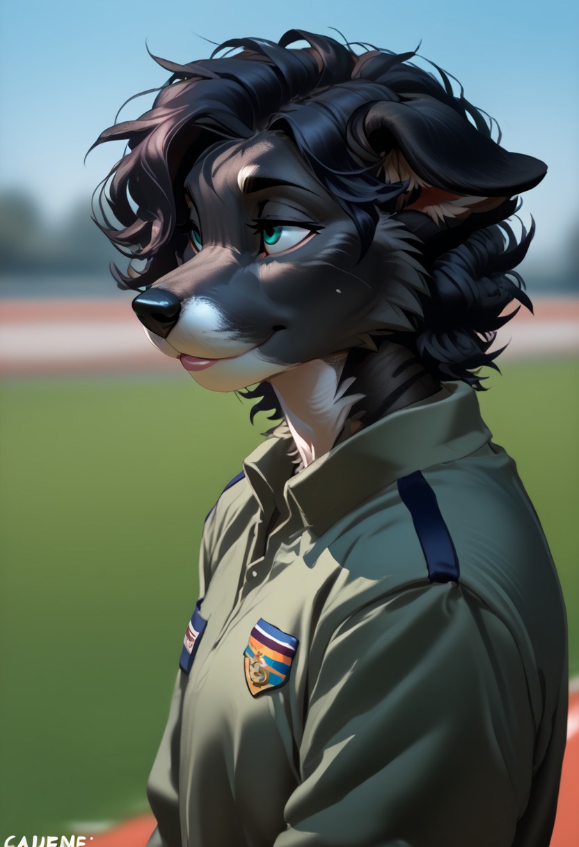 score_9, score_8_up, score_7_up, (by kittydee:1.5), (by jailbird:1.5), (by zummeng:1.5), masterpiece, best quality, (solo), 
(Furry Art: Anthro: Greyhound:1.5), 1girl, expressive eyes, feminine eyes, perfect face, feminine face, dog, canine, slim build, (long snout), (floppy ears:1.5), (small breasts), perfect face, black fur, teal eyes, black hair, (curly hair), (track and field uniform:1.5),