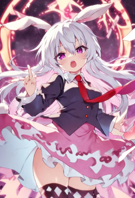 touhou, reisen udongein inaba, solo, 1girl, animal ears, breasts, finger gun, fingernails, hair between eyes, black jacket, long hair, long sleeves, medium breasts, teeth, looking at viewer,( necktie: 1.0), open mouth, purple eyes, rabbit ears, rabbit girl, rabbit tail, (skirt: 1.0), solo, tail,( thighhighs: 1.0), zettai ryouiki,( dynamic pose: 1.1), dramatic lighting,( foreshortening: 1.0), white hair,( red necktie: 1.0), pink skirt, purple light, Zankuro, masterpiece, best quality, very aesthetic, absurdres, Alphonse Mucha Style page, Tarot Card Style