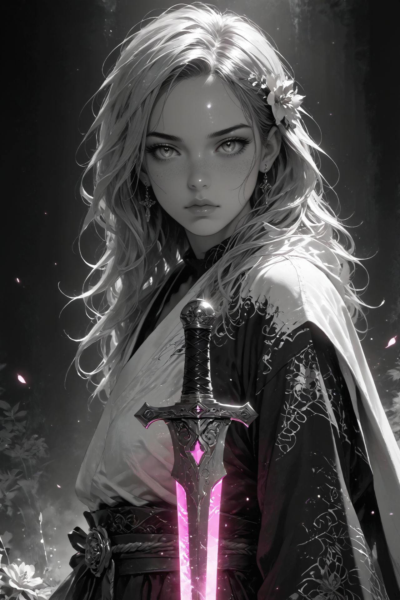 realistic,detailed background,Cinematic Lighting,film grain,score_9,score_8_up,score_7_up,masterpiece,best quality,highly detailed,
<lora:(增强)sdxl_lightning_8step_lora:1>,<lora:glowneon_xl_v1:1>,(glowing),<lora:hand 4:1>,hand person,<lora:Expressive_H:0.8>,Expressiveh,<lora:MythM4ngaStyle:0.8>,<lora:th3rm4lXLP:0.4>,th3rm4l,colorful,
1girl,flower,greyscale,looking at viewer,male focus,monochrome,solo,sword,thighhighs,weapon,