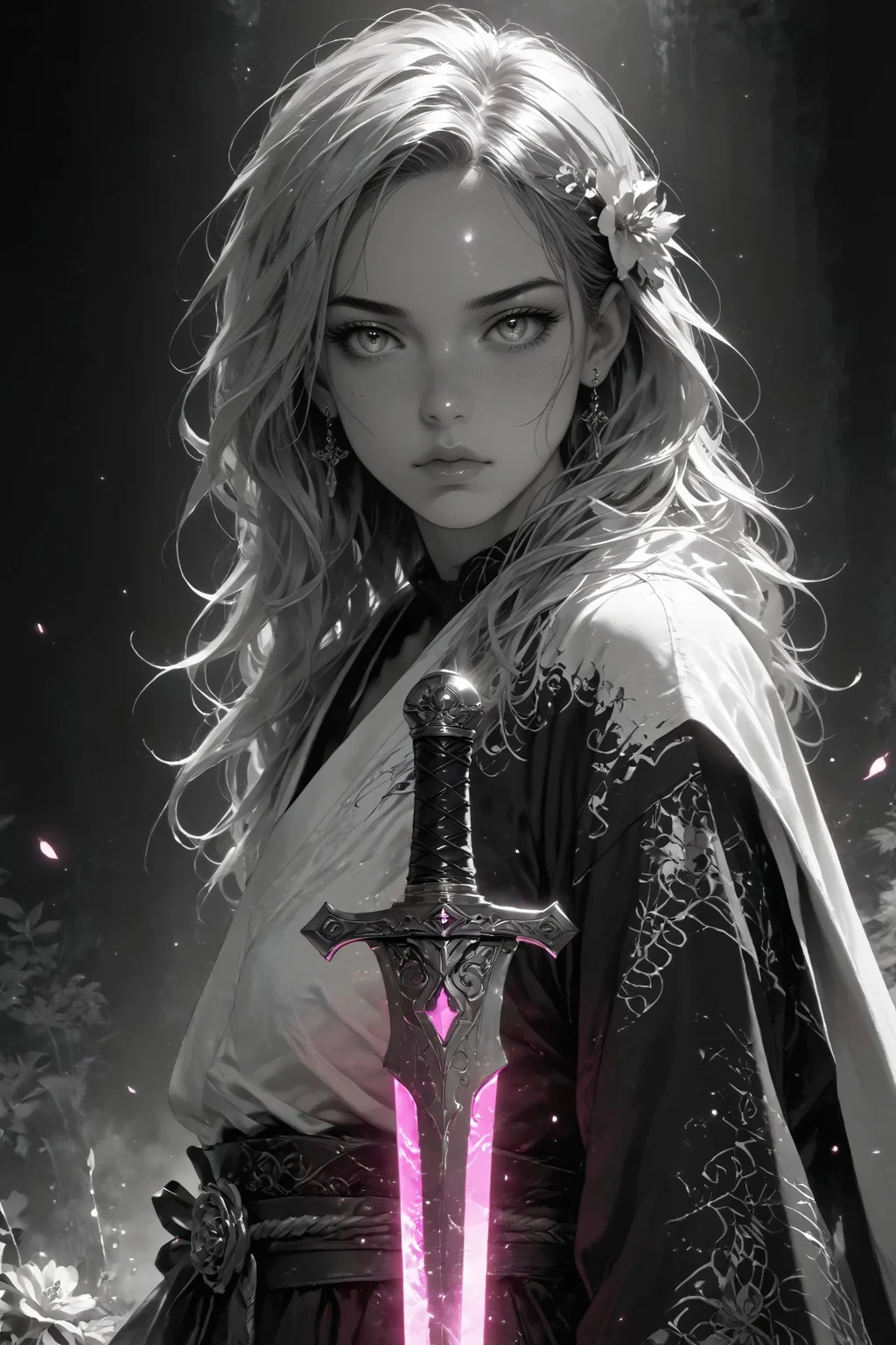 realistic,detailed background,Cinematic Lighting,film grain,score_9,score_8_up,score_7_up,masterpiece,best quality,highly detailed,
<lora:(增强)sdxl_lightning_8step_lora:1>,<lora:glowneon_xl_v1:1>,(glowing),<lora:hand 4:1>,hand person,<lora:Expressive_H:0.8>,Expressiveh,<lora:MythM4ngaStyle:0.8>,<lora:th3rm4lXLP:0.4>,th3rm4l,colorful,
1girl,flower,greyscale,looking at viewer,male focus,monochrome,solo,sword,thighhighs,weapon,