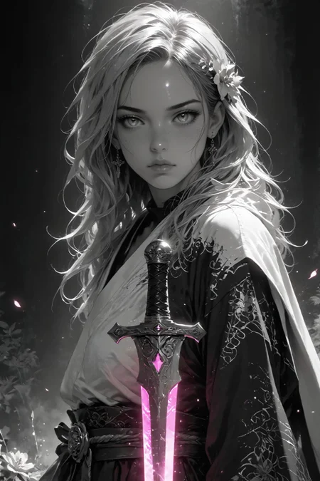realistic,detailed background,Cinematic Lighting,film grain,score_9,score_8_up,score_7_up,masterpiece,best quality,highly detailed,
<lora:(增强)sdxl_lightning_8step_lora:1>,<lora:glowneon_xl_v1:1>,(glowing),<lora:hand 4:1>,hand person,<lora:Expressive_H:0.8>,Expressiveh,<lora:MythM4ngaStyle:0.8>,<lora:th3rm4lXLP:0.4>,th3rm4l,colorful,
1girl,flower,greyscale,looking at viewer,male focus,monochrome,solo,sword,thighhighs,weapon,