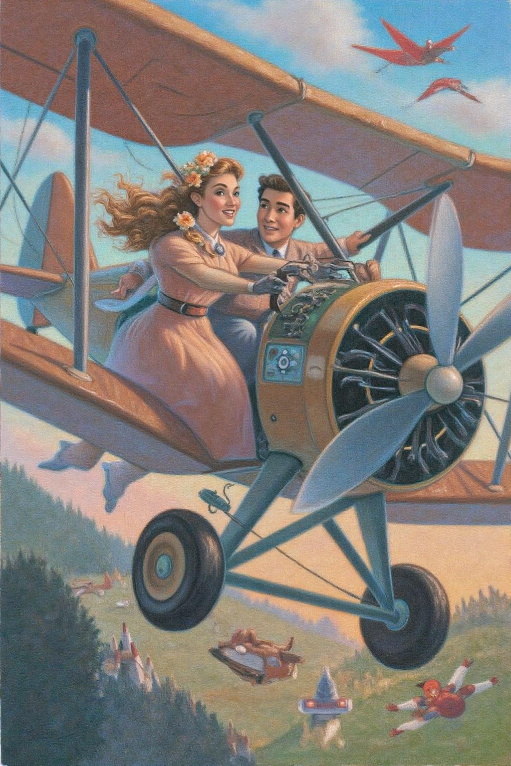 magr1 illustration.
A romantic scene of a couple on a vintage biplane. The woman, in the foreground, is a stylish woman with curly blonde hair adorned with a flower garland and wearing a light, flowing, peach-colored dress with a wide belt, a matching hat, and gloves. The man is piloting the biplane with his hands firmly on the steering wheel. <lora:magr1_cap_d6a3e12:1.0><lora:828064966193144987:0>