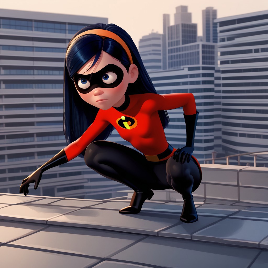 score_9, score_8_up, score_7_up, score_6_up, score_5_up, score_4_up, 1girl, VioletParr, superhero, long hair, headband, mask, crouching,rooftop,