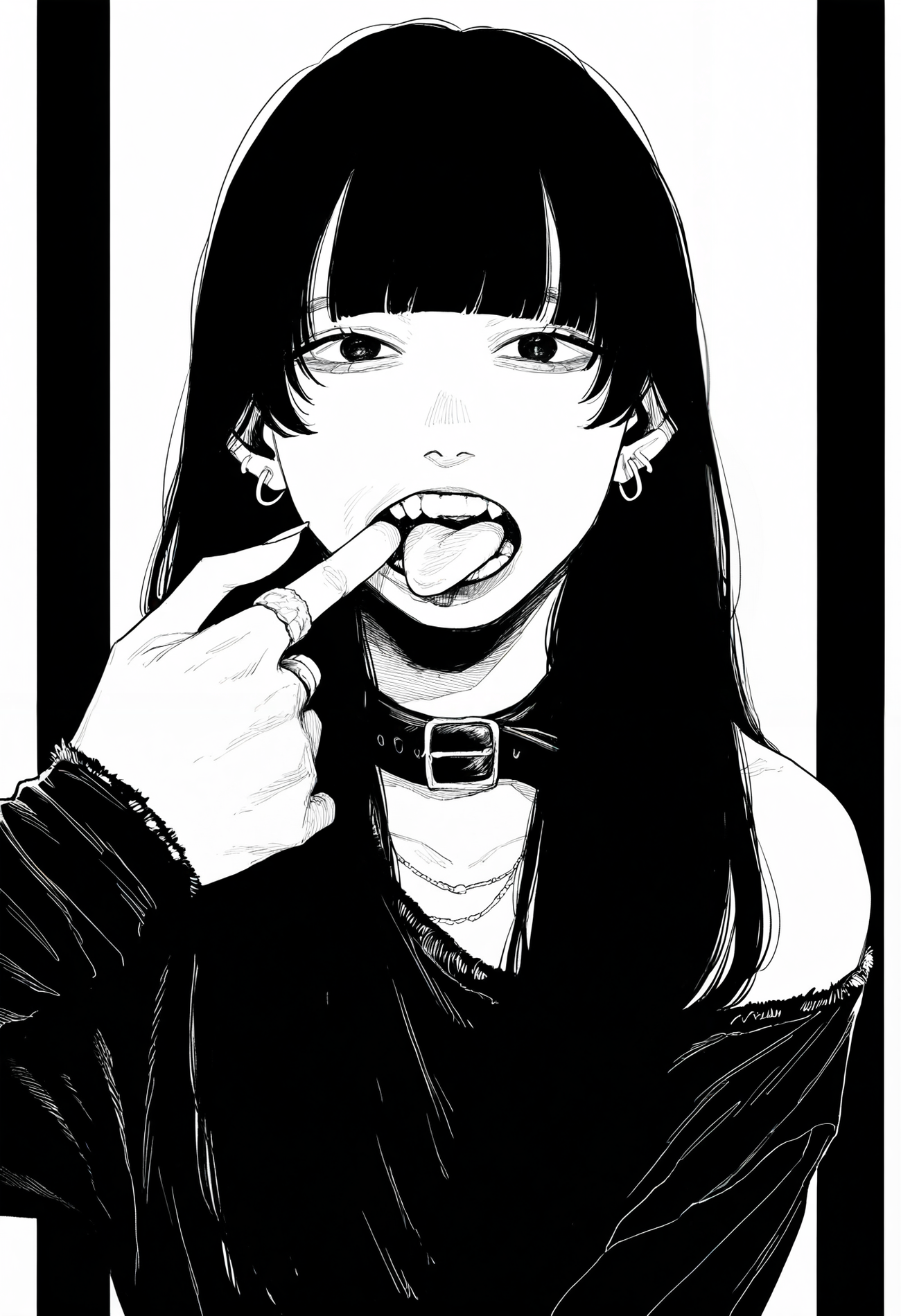1girl, solo, long hair, jewelry, earrings, ring, blunt bangs, collar, 
upper body, mouth pull,
looking at viewer, tongue out, 
pillarboxed, outside border,
masterpiece, best quality, amazing quality, absurdres, newest, monochrome, greyscale, white background, 
<lora:owk_bsh_yy:0.8>