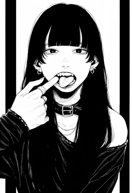 1girl, solo, long hair, jewelry, earrings, ring, blunt bangs, collar,
upper body, mouth pull,
looking at viewer, tongue out,
pillarboxed, outside border,
masterpiece, best quality, amazing quality, absurdres, newest, monochrome, greyscale, white background,
<lora:owk_bsh_yy:0.8>