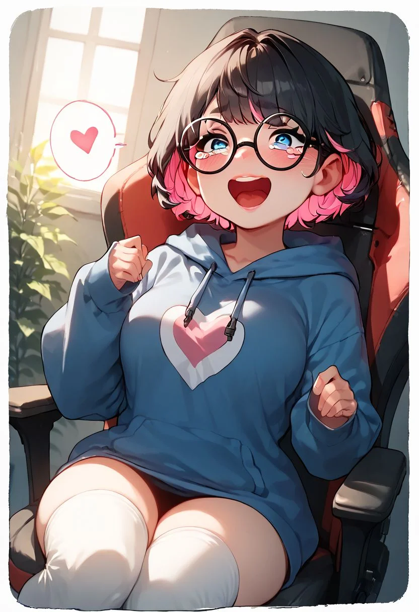 score_9, score_8_up, score_7_up, Expressiveh, 1girl, solo, cute face, cute features, shortstack, thin pink lips, long black eyelashes, ((short hair, black hair, pink highlights, bangs)), big round glasses, black framed glasses, blue eyes, (heart logo on hoodie), large breasts, oversized blue hoodie, oversized sleeves, thigh high socks, big smile, (((thick white character outline))), hearts, from below, bedroom, sitting on gaming chair, extreme close-up, up close, face focus, open mouth,solo,tears,crying,blush,crying with eyes open