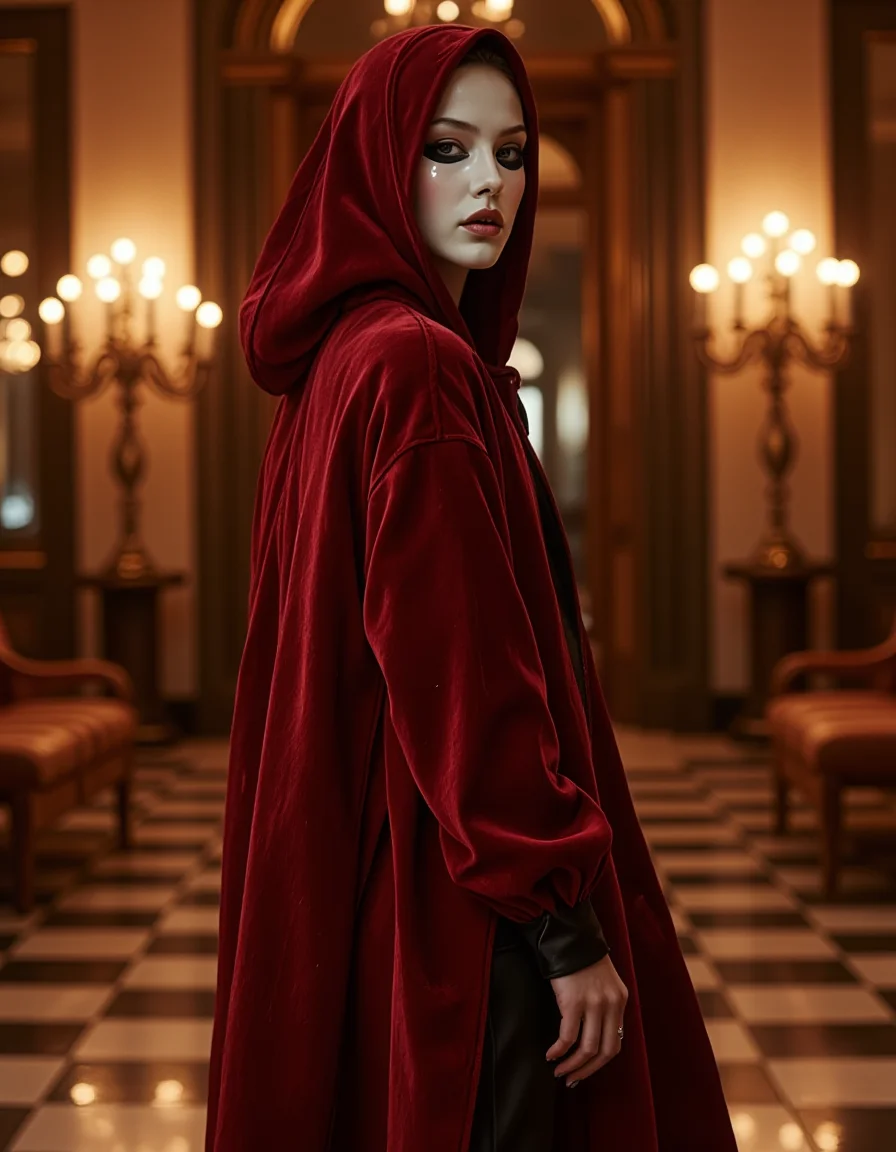 A photorealistic, high-fashion editorial photograph exploring the mysterious elegance of the Mushroom Kingdom Fashion style, inspired by Shy Guy. A model (male or female) stands partially turned away, glancing back over their shoulder, within a lavish, slightly surreal ballroom setting with checkerboard floors and distorted candelabras blurred in the background. They wear luxurious evening attire: perhaps a deep crimson velvet hooded cloak or gown featuring an oversized hood that shadows the face. The defining element is a sleek, minimalist white mask covering the upper part of the face, designed with simple, elegant black cutouts echoing the Shy Guy's mask, crafted from smooth porcelain or lacquered material. Beneath the cloak, hints of tailored black garments might be visible. The mood is enigmatic and sophisticated. Lighting is dramatic and moody, typical of a grand evening event, with warm light sources casting long shadows and highlighting the rich velvet texture and smooth mask. Mysterious glamour, masked elegance, ultra-detailed fabrics, sharp focus, 8K.
<lora:mushroom-kingdom-fashion-flux:0.8>