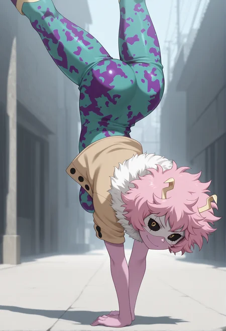 masterpiece, best quality, amazing quality, 1girl, solo, <lora:IlluMina:1> ashido mina, short hair, pink hair, horns, pink skin, yellow eyes, black sclera, fur trim, mask, bodysuit, open jacket, smirk, cowboy shot, short sleeves, fur collar, dynamic pose, outdoors, upside-down, handstand,