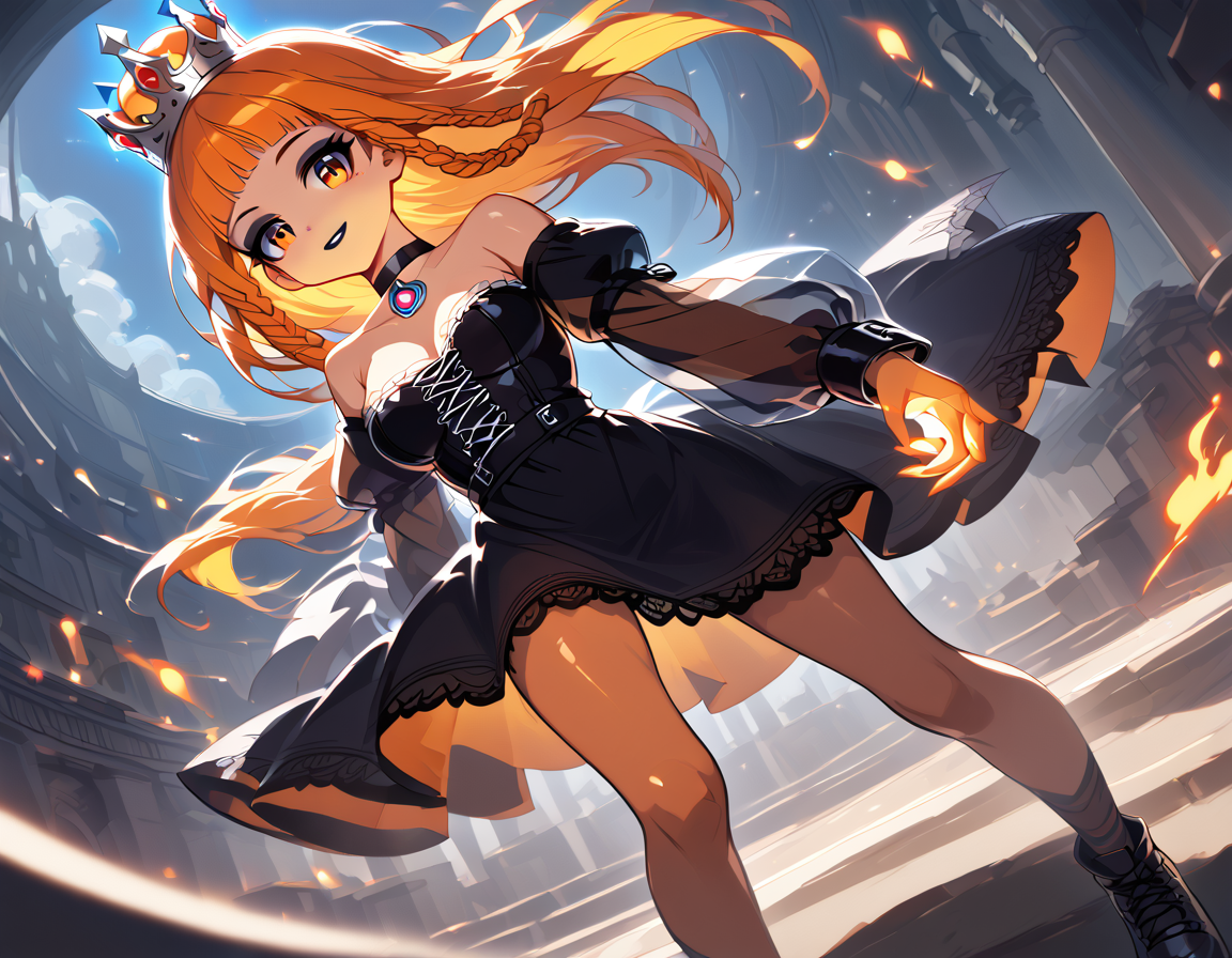 (score_9,score_8_up,score_7_up:1), 1girl, full body, high voyeur angle, dusk lighting, happy, (goth, (black lipstick, black mascara, black eyeshadow)), (flat tummy, close shoulders), flaming hair, dreadlocks, choker, eyeshadow)), (etherial oiled skin), medium breasts, perky, (leaning against and looking outward), ornate campsite, (long sleeves, puffy sleeves, black dress, lace dress, large crown,), <lora:_sdxl-gaming-pony:1> gaming