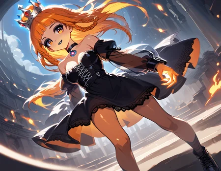 (score_9,score_8_up,score_7_up:1), 1girl, full body, high voyeur angle, dusk lighting, happy, (goth, (black lipstick, black mascara, black eyeshadow)), (flat tummy, close shoulders), flaming hair, dreadlocks, choker, eyeshadow)), (etherial oiled skin), medium breasts, perky, (leaning against and looking outward), ornate campsite, (long sleeves, puffy sleeves, black dress, lace dress, large crown,), <lora:_sdxl-gaming-pony:1> gaming