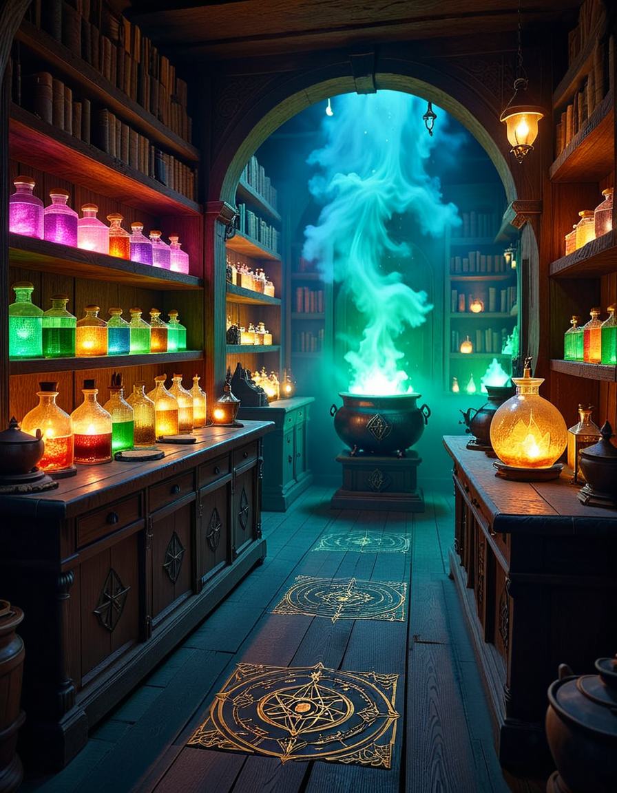 A dimly lit, mysterious alchemy shop filled with ancient books, glowing potions, and strange magical artifacts. Wooden shelves, covered in dust and cobwebs, are packed with glass bottles containing bubbling liquids in deep purples, shimmering golds, and eerie greens. The air is thick with swirling mist, and candlelight flickers, casting long shadows across the stone walls. In the foreground, an old wooden counter holds an open grimoire, alongside mortar and pestles, dried herbs, and mysterious symbols carved into the surface. Strange objects like a levitating crystal orb, a preserved dragonâs eye in a jar, and an enchanted dagger with glowing runes are displayed throughout the space. A bubbling cauldron in the corner emits a soft, eerie glow, illuminating the intricate arcane symbols on the floor. The atmosphere is dark, mystical, and full of ancient secrets, evoking a sense of forgotten magic and hidden knowledge.
<lora:SDXLFaeTastic2400:0.4> <lora:extremely_detailed:0.4> extremely detailed,<lora:mysterious_4lch3my_sh0p:1>,mysterious 4lch3my sh0p, Masterpiece,best quality,hi res,8k,hi res,8k,award winning,(sharp focus, intricate, highly detailed),