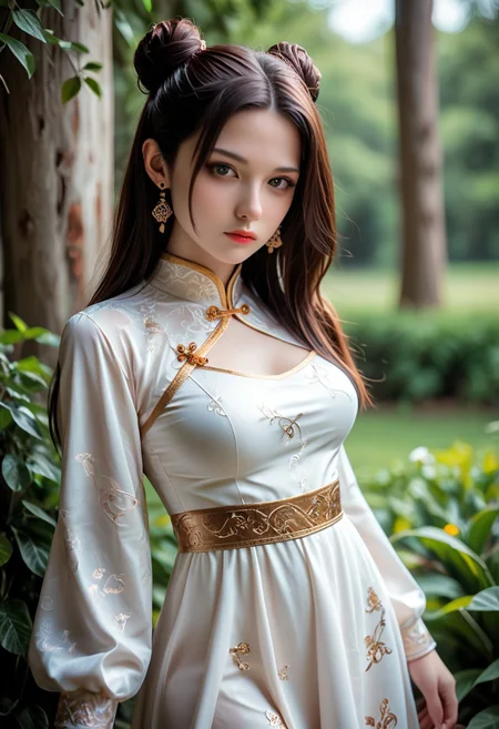 lazypos,masterpiece,ultra-HD,photorealistic,high detail,best quality,very aesthetic,8k,best quality,sharp focus,realistic,three quarter face shot,depth of field,shallow depth of field. 1girl,cowboy_shot,looking at,
viewer,lipstick, makeup,
solo,dress,hair_ornament,long_hair,black_hair,jewelry,white_dress,earrings,expressionless,hair_bun,closed_mouth,chinese_clothes,blue_dress,long_sleeves,brown_hair,medium breasts,thighs,<lora:0 sdxl_lightning_4step_lora:0.7>,<lora:0 cfg_scale_boost:0.7>,<lora:1 xm a½æ¼« pony-c°cµa§¬ee¡£æ³ac_v1.0:0.7>