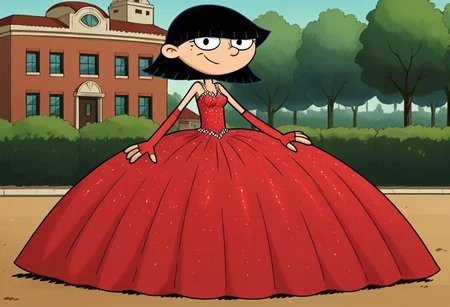 score_9_up,score_8_up,score_7_up,score_6_up,score_5_up,score_4_up BREAK rhonda,black hair, black eyes, bob cut, blunt bangs, Very large red floor length gown, ball gown, rhimestones. She is also wearing a tiara, hoop skirt, dome shape skirt, quinceanera, prom, pageant, long elbow length red fingerless Satin bridal gloves, contrapposto, hand on own hip, park, tree, building,smile,arm at side, leaning to the side, dutch angle, looking at viewer,    <lora:RhondaPony:1>