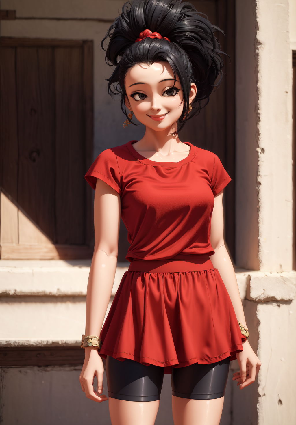 1girl, sfw, <lora:Kaledb:0.8>, Kaledb, 1girl, solo, red skirt, bike shorts, red shirt, black hair, smile,, (masterpiece, best quality, absurdres, detailed, ultra-detailed:1.3), beautiful