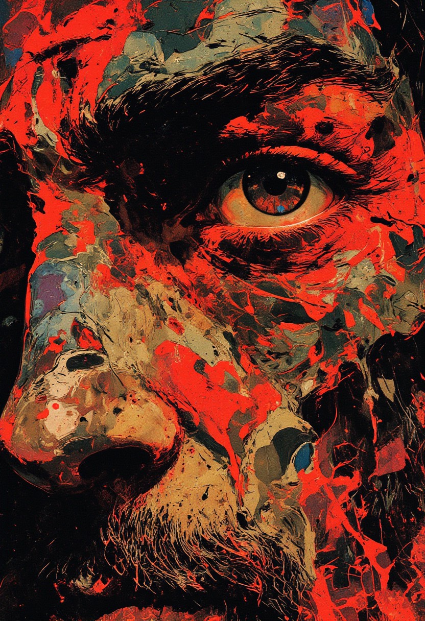 (**toxic high contrast colors, extreme close-up, half face, eye focus, in the style of cksc,**) This high-resolution digital artwork presents an intense, surreal abstraction with only half of a bearded monk’s face dominating the frame. The extreme close-up captures piercing eye detail, where crimson red, deep black, and stark white clash in toxic high contrast, creating a hypnotic, almost blinding effect. Swirling, marble-like patterns in black, white, and blood-red streak across his skin, warping fluidly like liquid ink. His eye, hyper-detailed and glassy, reflects chaotic, prismatic distortions, while the sharp contours of his cheekbone dissolve into the void of color. The background is nonexistent, consumed by an abyss of blinding hues, forcing complete focus on the face’s fractured, high-voltage intensity. The blending of his skin into the psychedelic patterns creates an illusion of movement, as if reality itself is unraveling in waves of synthetic, hyperreal energy. The interplay of razor-sharp details and melting abstraction pulls the viewer into a warped visual vortex, where human form and electric surrealism merge into a striking, high-intensity optical overload.