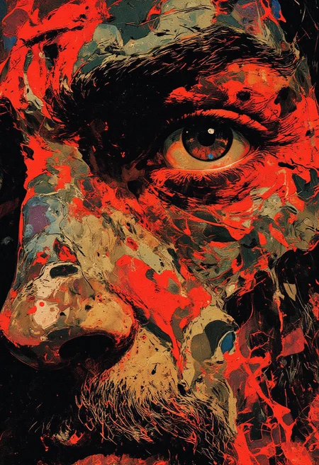 (**toxic high contrast colors, extreme close-up, half face, eye focus, in the style of cksc,**) This high-resolution digital artwork presents an intense, surreal abstraction with only half of a bearded monk’s face dominating the frame. The extreme close-up captures piercing eye detail, where crimson red, deep black, and stark white clash in toxic high contrast, creating a hypnotic, almost blinding effect. Swirling, marble-like patterns in black, white, and blood-red streak across his skin, warping fluidly like liquid ink. His eye, hyper-detailed and glassy, reflects chaotic, prismatic distortions, while the sharp contours of his cheekbone dissolve into the void of color. The background is nonexistent, consumed by an abyss of blinding hues, forcing complete focus on the face’s fractured, high-voltage intensity. The blending of his skin into the psychedelic patterns creates an illusion of movement, as if reality itself is unraveling in waves of synthetic, hyperreal energy. The interplay of razor-sharp details and melting abstraction pulls the viewer into a warped visual vortex, where human form and electric surrealism merge into a striking, high-intensity optical overload.