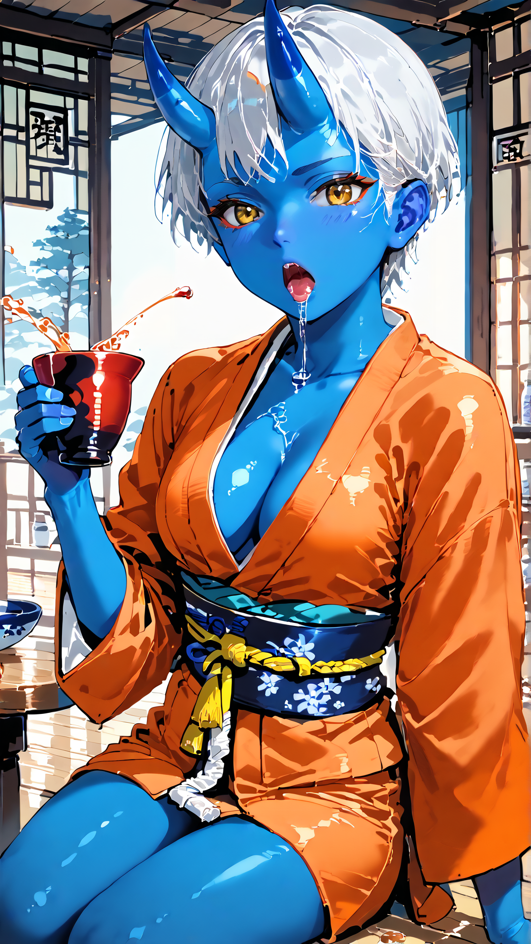 sjsartstyle, 2d, (zPDXL2), cowboy shot, dynamic pose, dynamic angle, webtoon, anime, centered, solo, 1girl, 1woman, ((sitting on a chair)), holding sake cup in right hand, sake cup on a table, pouring sake down in sake cup, open mouth, wooden floor, sake jar, (orange open kimono), short kimono, (white hair), short hair, (blue skin:1.8), blue oni, flesh horns, yellow eyes, cleavage, sarashi bandages, tomboy, athletic, indoors, medieval fantasy, tavern background, <lora:sd_xl_dpo_lora_v1:1>, <lora:OMG-Is-DucHaiten_v1.0:0.1>, <lora:sjsartstyle pony:1>