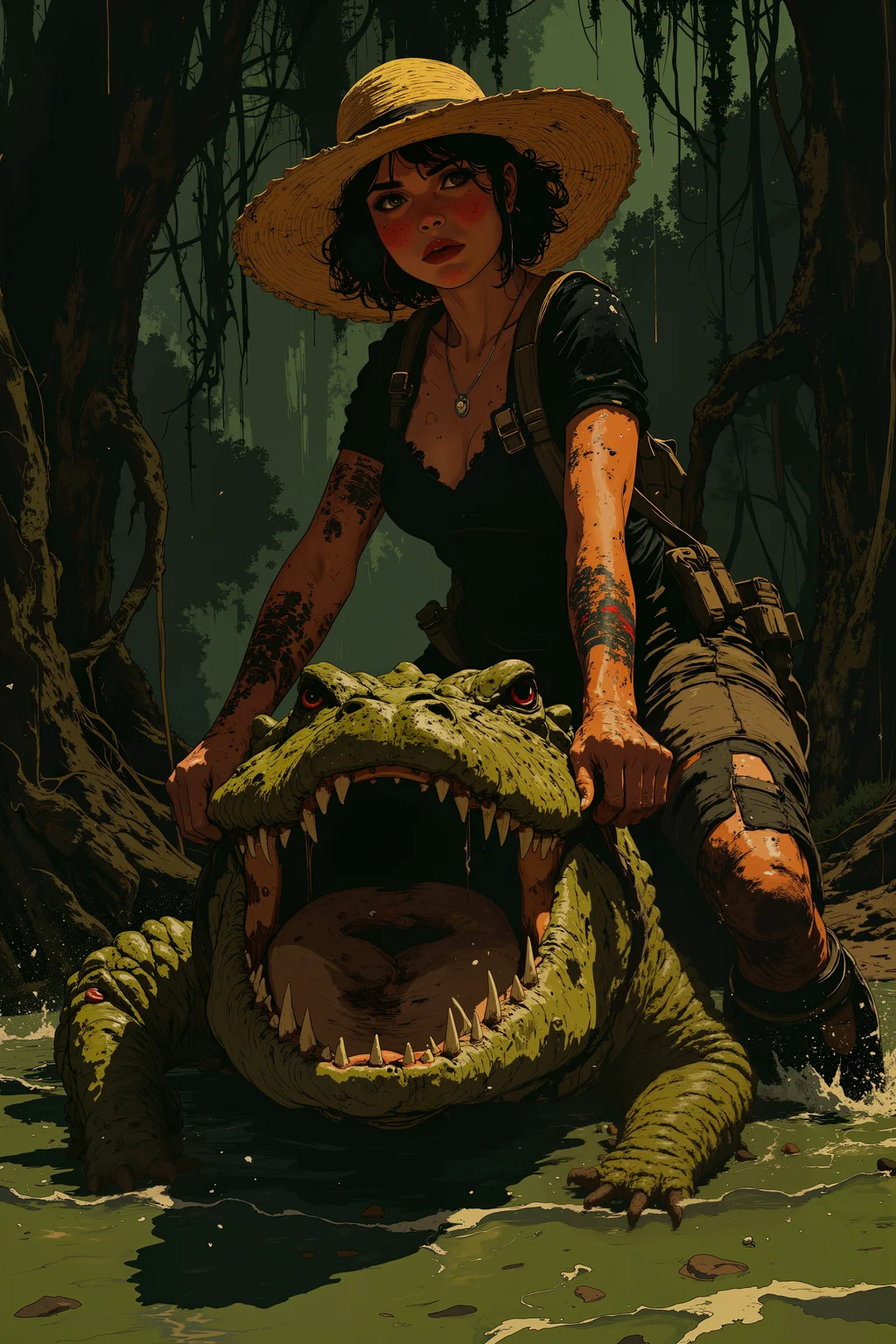A dark-skinned, freckled woman with short, coiled hair grips the jaws of a massive alligator, pressing down with impressive strength as the beast thrashes beneath her. Her black dress is splattered with mud, but her straw hat remains perfectly in place. Her expression is unshaken while wrangling a ferocious reptile. The murky swamp stretches behind her, Spanish moss hanging low from the twisted trees.,in the style of cksc,anime, cyberpunk, DB4RZ, DB4RZ style painting <lora:CPA:0.5><lora:FLUX-daubrez-DB4RZ:0.3><lora:Luminous_Shadowscape-000016:0.3><lora:ck-shadow-circuit-000021:0.35>