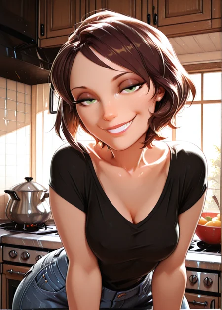 fireemblemxd, masterpiece, best quality, amazing quality, very aesthetic, absurdres, newest, detailed background, indoors, kitchen, looking at viewer,
cassxd, 1girl, solo, short hair, brown hair, green eyes, looking at viewer, collarbone, seductive smile, grin, lips, makeup,
black shirt, jewelry, denim pants,
medium breasts, posing, milf, curvy, large thights, wide hips,
<lora:Aunt_Cass_Hamada_-_Disney_Illustrious:1> ,<lora:Expression_Detailer_Illustrious_Lora:0.7> ,<lora:Fire_Emblem_Style:1>