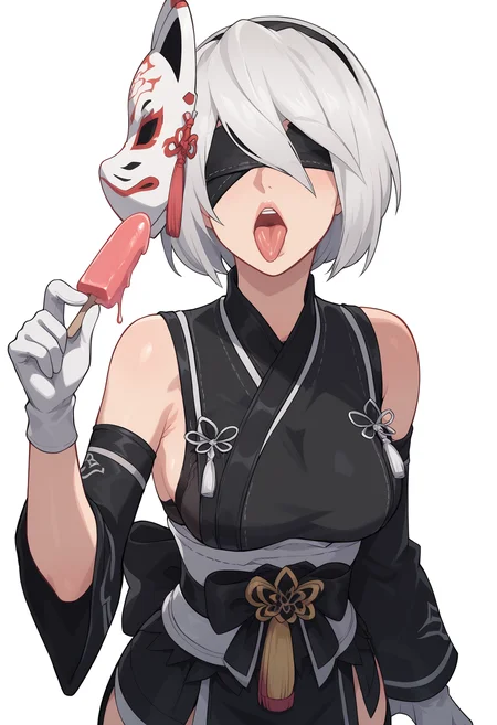 score_9, score_8_up, score_7_up, BREAK
1girl, solo, yorha1, mask on head, thighhighs, white hair, bob cut, black hairband, blindfold,
white gloves, perfect face, long slender body, slim hips, perfect face, perfect hands, dynamic angle,
pastel colors, (white background:1.1), solo, close up, open mouth, tongue out, licking popsicle, , , 2b1 heels, ,
<lora:YoRHa type 1 Pony:1>
<lora:kajinman_style_pdxl_goofy:0.6>