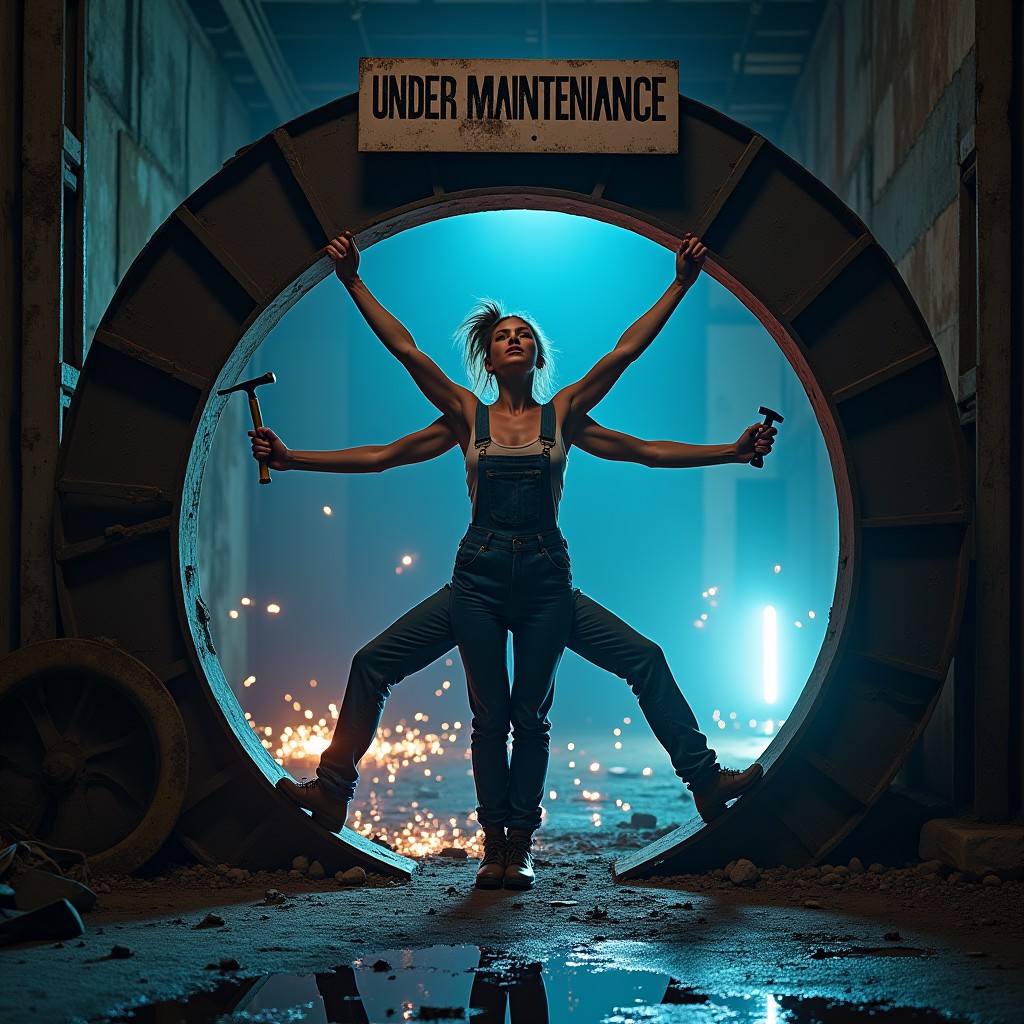 Sign: "Under Maintenance"  at the top of an archway, four armed, four legged, woman  standing in archway of factory ruins,  pose of the "Vitruvian man", wearing blue work-overall with blue pants, 
tools in hand, tools are hammer and wrench, trying to connect sparky cable with other hands, arms spread, legs spread, full body, standing, archway is part of circular machine, legs pressing against circle, neon light,  dirty cloth, long sleeves, dirty skin, detailed skin, 4arms, four legs, 4legs, sexy but save for work,
Effects: Darkness, neonlight, sparks in background, cyberpunk aesthetic. 
puddle on the ground mirroring image, sign on the ground: "Under Maintenance"