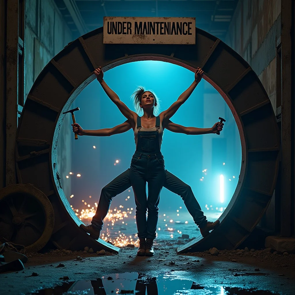 Sign: "Under Maintenance" at the top of an archway, four armed, four legged, woman standing in archway of factory ruins, pose of the "Vitruvian man", wearing blue work-overall with blue pants,
tools in hand, tools are hammer and wrench, trying to connect sparky cable with other hands, arms spread, legs spread, full body, standing, archway is part of circular machine, legs pressing against circle, neon light, dirty cloth, long sleeves, dirty skin, detailed skin, 4arms, four legs, 4legs, sexy but save for work,
Effects: Darkness, neonlight, sparks in background, cyberpunk aesthetic.
puddle on the ground mirroring image, sign on the ground: "Under Maintenance"