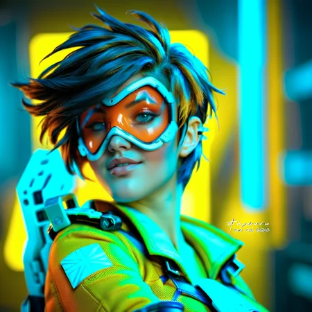 cinematic photo a woman with an orange glassmask holding guns in a futuristic cyberpunk background, neon lights <lora:Tracer1024:0.8> . 35mm photograph, film, bokeh, professional, 4k, highly detailed
