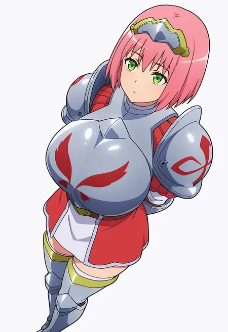 Smooth Quality,masterpiece,very intricate, high quality details, ultra realistic, high detailed skin,detailed enviorement,absurdres,
clenched hand,solo,
 <lora:Nohkins_Hanabata_CNR:0.8> nohkins_cnr, green eyes, pink hair, short hair, large breasts,  breasts, 
nohkins_armor1_cnr, armor, breastplate, shoulder armor,gauntlets, armored boots, greaves, belt, long sleeves, dress,white thighhighs, thigh boots,brown gloves,tiara, hairband,, simple background, white background, dynamic angle,
standing, arms behind back, looking up, calm expression, relaxed posture,  ,, | |,