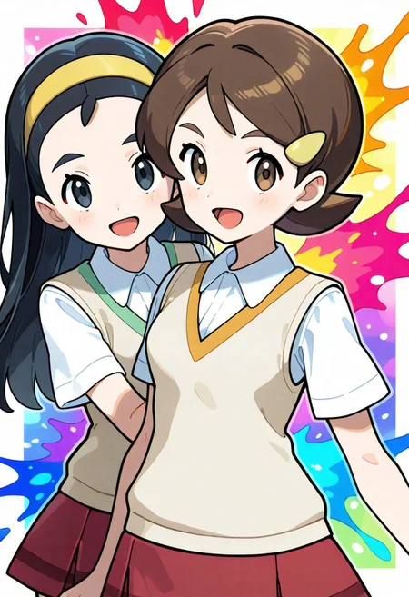 2d, masterpiece, best quality, amazing quality, highres, absurdres, newest, 2girls, standing, smile, open mouth, cowboy shot, upper body, colorful background, multicolored background, color splashes, teammates \(pokemon\), senpai, long hair, black hair, black eyes, hairband, kohai, short hair, brown hair, hairclip, brown eyes, collared shirt, short sleeves, beige sweater vest, red skirt, miniskirt