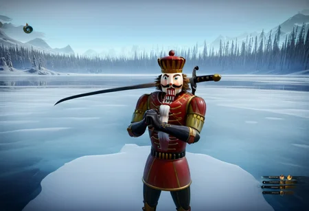 (nutcracker),
high guard sword parry stance,
at a frozen lake,
game screenshot,
looking at the camera,
sfw