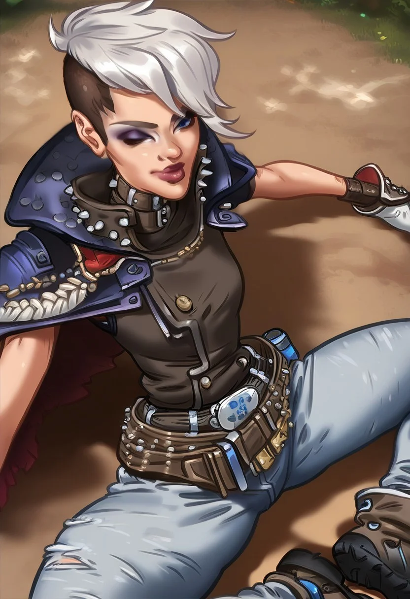 (score_9, score_8_up, score_7_up), 5 fingers on each hand,
BREAK
fingerless gloves ,sleeveless, belt, spikes, boots, pants, collar, shirt, whore jeans pants, Tyreen, white hair, blue eyes, two-tone hair, undercut,
eyebrow cut, dark makeup, eyeshadow, scars on face, coat,
1girl, young adult, small breasts, slim fit, small waist, sexy thighs, perfect eyes, beauty eyes, Dynamic pose, Dynamic angle,
BREAK
Background: shoting camp
