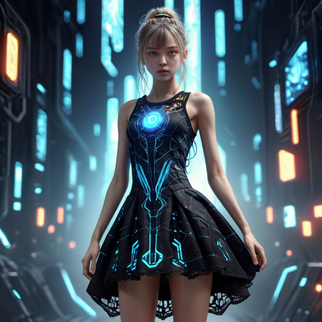 ((best quality)), ((masterpiece)), ((realistic,digital art)), (hyper detailed), DonMM4ch1n3W0rldXL full body clothing, Scoop Neck, Graphene Weave, Neon Circuit Pattern, Mineral Wool Insulation, Spaghetti Straps, Mini Length, Natural Waist, Flared Skirt,  Lace Trim,,Open Back,  , 8K, HDR <lora:DonMM4ch1n3W0rldXL:1>