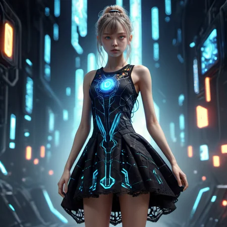 ((best quality)), ((masterpiece)), ((realistic,digital art)), (hyper detailed), DonMM4ch1n3W0rldXL full body clothing, Scoop Neck, Graphene Weave, Neon Circuit Pattern, Mineral Wool Insulation, Spaghetti Straps, Mini Length, Natural Waist, Flared Skirt, Lace Trim,,Open Back, , 8K, HDR <lora:DonMM4ch1n3W0rldXL:1>