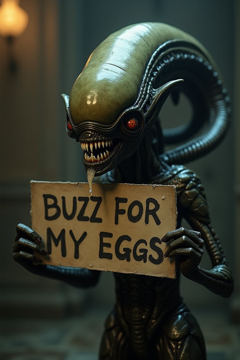cinematic dark intricate ALIEN (from ALIEN movie series) holding a sign that says "BUZZ FOR MY EGGS", dripping some saliva