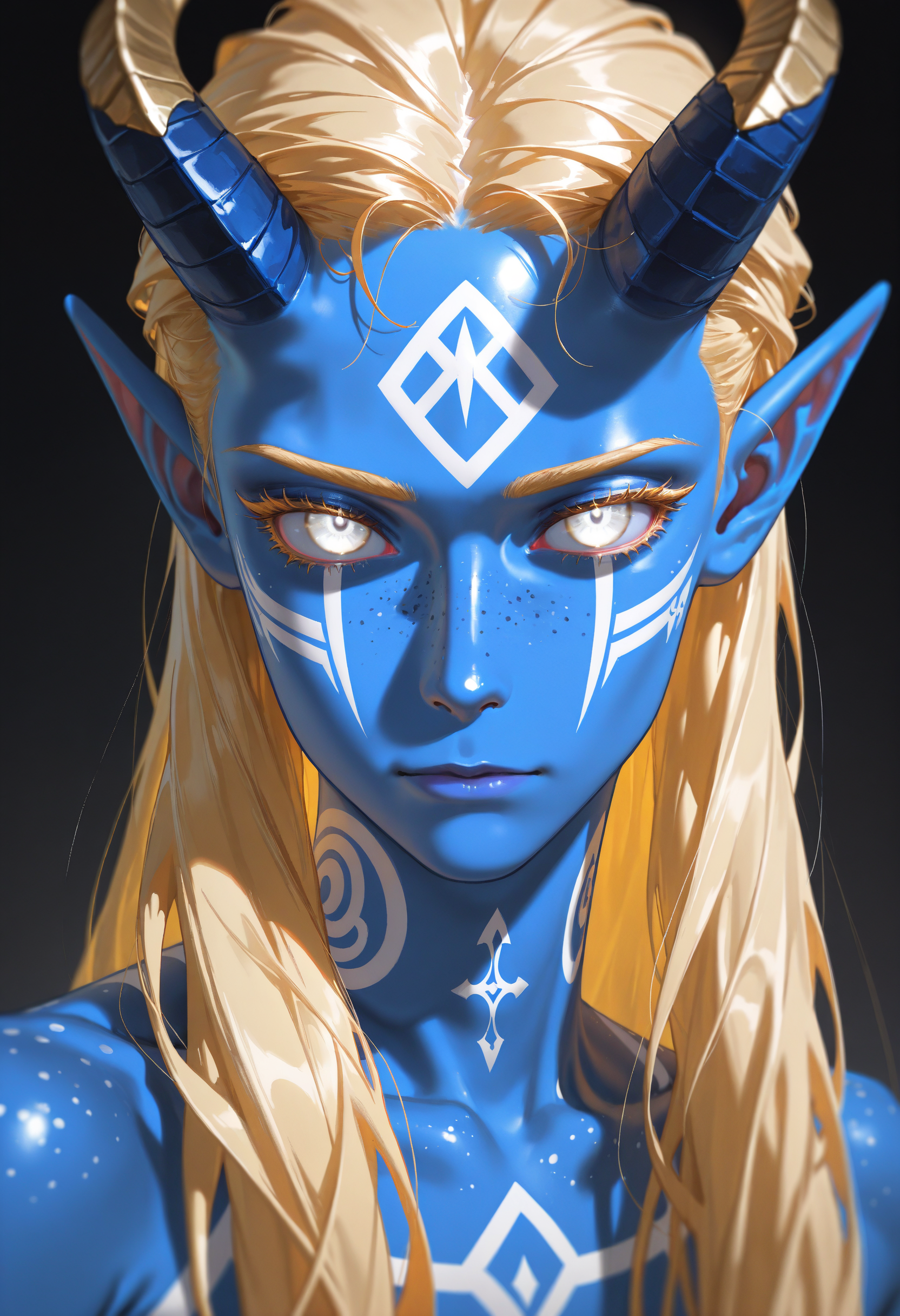(high_quality, newest, incredibly_absurdres, very aesthetic, zbrush_\(artwork\), digital_painting_\(artwork\), flat_colors, anime_coloring)
(HVC-Illu, seductive, horns, blonde_eyelashes, colored skin, solo, blue skin, pointy ears, white eyes, long hair, portrait, looking at viewer, male focus, demon horns, white facepaint, neck_tattoo, closed mouth, 1boy, blonde hair, freckles)