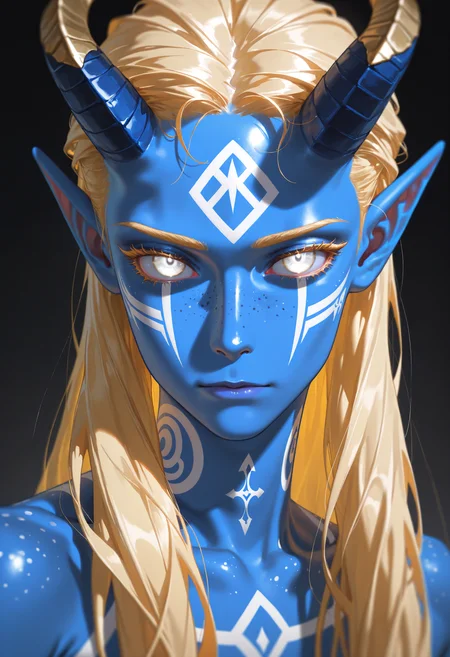 (high_quality, newest, incredibly_absurdres, very aesthetic, zbrush_\(artwork\), digital_painting_\(artwork\), flat_colors, anime_coloring)
(HVC-Illu, seductive, horns, blonde_eyelashes, colored skin, solo, blue skin, pointy ears, white eyes, long hair, portrait, looking at viewer, male focus, demon horns, white facepaint, neck_tattoo, closed mouth, 1boy, blonde hair, freckles)