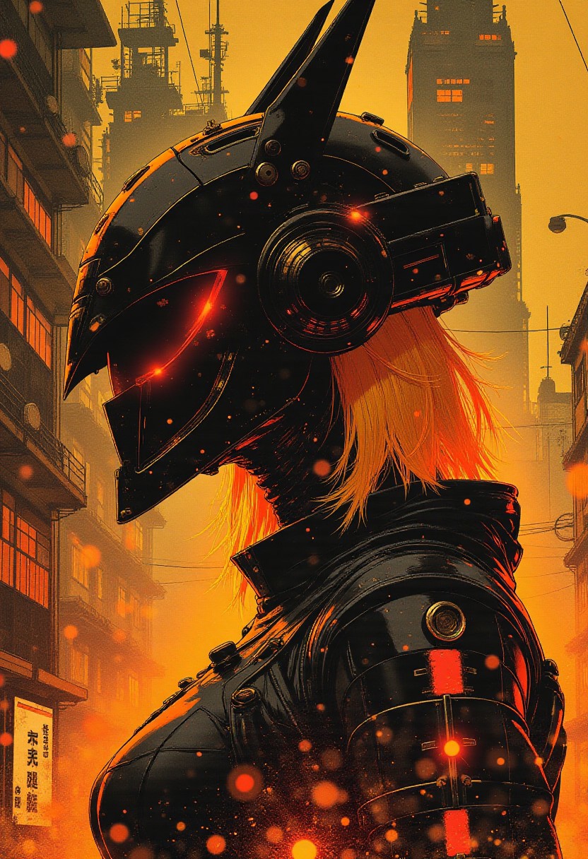 Inkplash art on rice paper, sepia, henna , Silhouette Art, magnificent, inksplash, crisp lines,  closeup portrait of stunning japanese sci-fi warrior, blonde loose  hair, Anubis-style glossy helmet with tall ear-shaped antennae, directional lighting, sci-fi cityscape at night (bokeh)