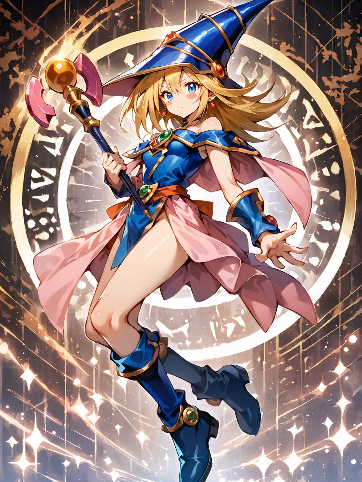 (intricate details:1.3), (detailed background:1.4), (Masterpiece:1.3), (best quality:1.2), score_9, score_8_up, score_7_up, source_anime,<lora:yu_gi_oh_art:1>,yu_gi_oh_style, 1girl, duel monster, hat, solo, long hair, blonde hair, wizard hat, staff, blush stickers, bare shoulders, blue eyes, breasts, looking at viewer, holding, boots, jewelry, earrings,detailed hands,detailed eyes,